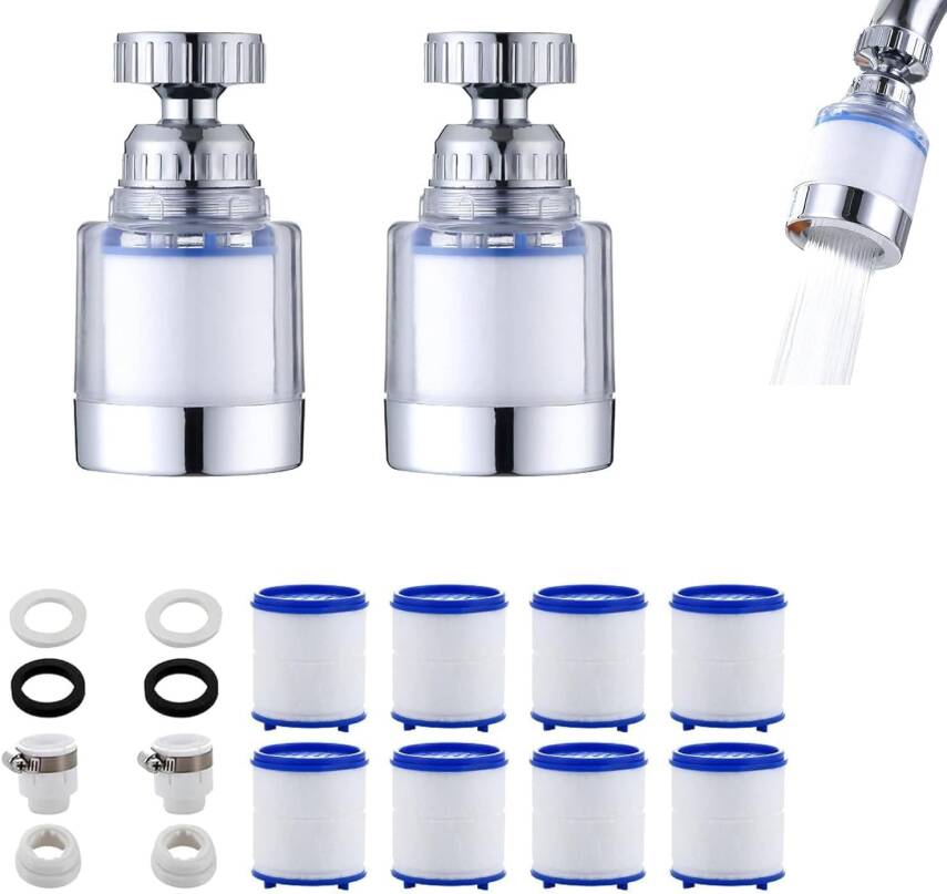 2 Adet Filtreli Musluk Başlığı Seti – 360° Döner Su Tasarruf Başlığı, 8 Yedek Filtreli, Kireç Önleyici, Tazyikli Akış, Universal Uyumlu Musluk Aparatı – Mutfak ve Lavabo için - 1