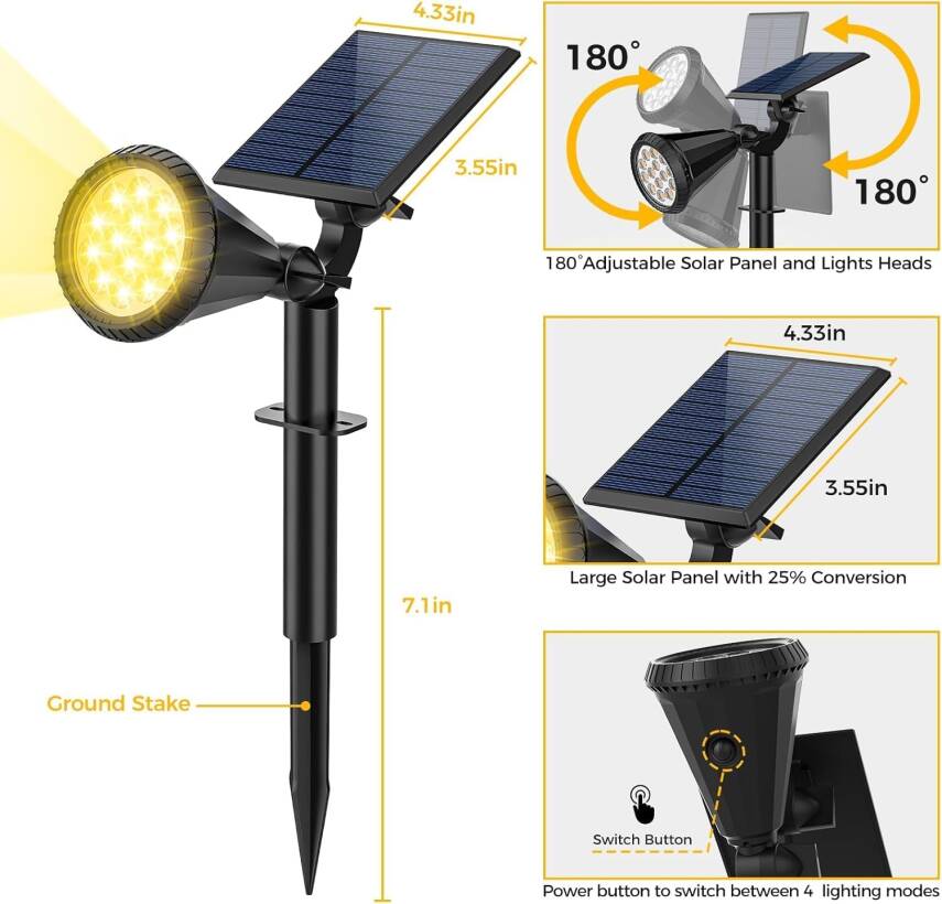 Kyrotech 18 LED Spot Güneş Enerjili Bahçe Aydınlatma Lambası, Fotoselli, Spike Aplik, 18W Su Geçirmez Dış Mekan Solar Lamba, Ağaç, Veranda, Garaj, Havuz, Duvar Ve Zemin Montajına Uygundur 42 CM - 25
