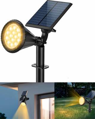 Kyrotech 18 LED Spot Güneş Enerjili Bahçe Aydınlatma Lambası, Fotoselli, Spike Aplik, 18W Su Geçirmez Dış Mekan Solar Lamba, Ağaç, Veranda, Garaj, Havuz, Duvar Ve Zemin Montajına Uygundur 42 CM Amber