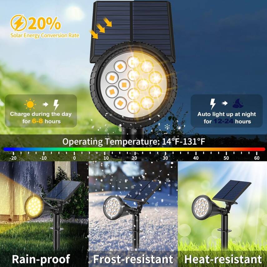 Kyrotech 18 LED Spot Güneş Enerjili Bahçe Aydınlatma Lambası, Fotoselli, Spike Aplik, 18W Su Geçirmez Dış Mekan Solar Lamba, Ağaç, Veranda, Garaj, Havuz, Duvar Ve Zemin Montajına Uygundur 42 CM - 24
