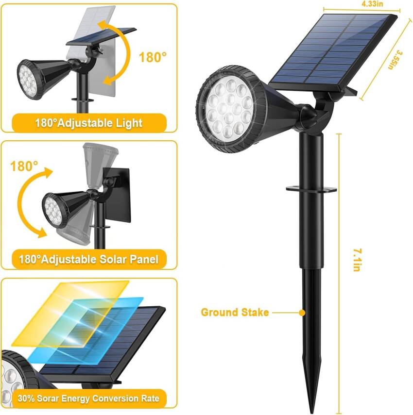 Kyrotech 18 LED Spot Güneş Enerjili Bahçe Aydınlatma Lambası, Fotoselli, Spike Aplik, 18W Su Geçirmez Dış Mekan Solar Lamba, Ağaç, Veranda, Garaj, Havuz, Duvar Ve Zemin Montajına Uygundur 42 CM - 27