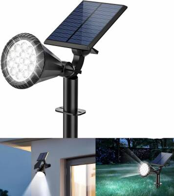 Kyrotech 18 LED Spot Güneş Enerjili Bahçe Aydınlatma Lambası, Fotoselli, Spike Aplik, 18W Su Geçirmez Dış Mekan Solar Lamba, Ağaç, Veranda, Garaj, Havuz, Duvar Ve Zemin Montajına Uygundur 42 CM Beyaz