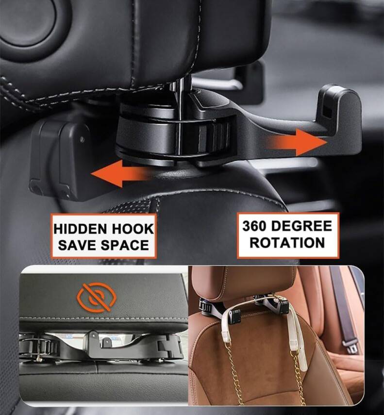 Kyrotech 2’li Araç Baş Destek Kancası – Telefon Tutuculu Evrensel Koltuk Arkası Kanca, El Çantası & Alışveriş Poşeti Askısı, Kolay Takılabilir, Koltu Başlığı Askısı, Araç İçi Aksesuar - 3