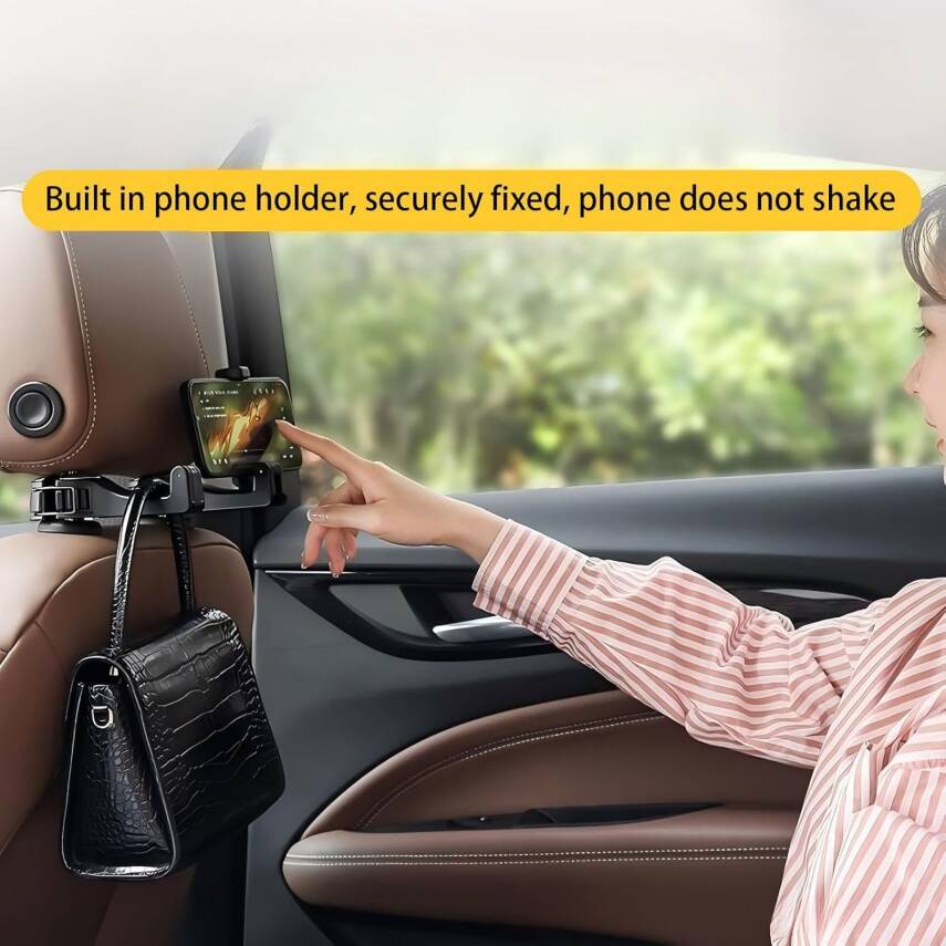 Kyrotech 2’li Araç Baş Destek Kancası – Telefon Tutuculu Evrensel Koltuk Arkası Kanca, El Çantası & Alışveriş Poşeti Askısı, Kolay Takılabilir, Koltu Başlığı Askısı, Araç İçi Aksesuar - 2