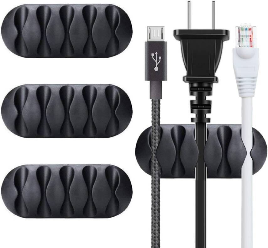 Kyrotech 3 Adet Kablo Tutucu Seti – Her Biri 5 Kablo Kapasiteli | Yapışkanlı Kablo Klipsi, Masa Üstü Kablo Düzenleyici, Ofis & Ev İçin Kablo Yönetimi | Siyah Renk - 1