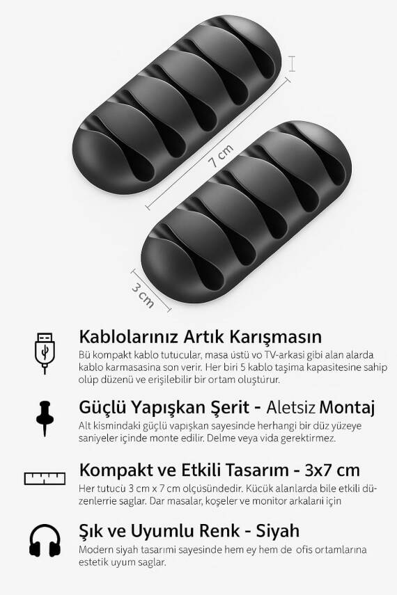 Kyrotech 3 Adet Kablo Tutucu Seti – Her Biri 5 Kablo Kapasiteli | Yapışkanlı Kablo Klipsi, Masa Üstü Kablo Düzenleyici, Ofis & Ev İçin Kablo Yönetimi | Siyah Renk - 2