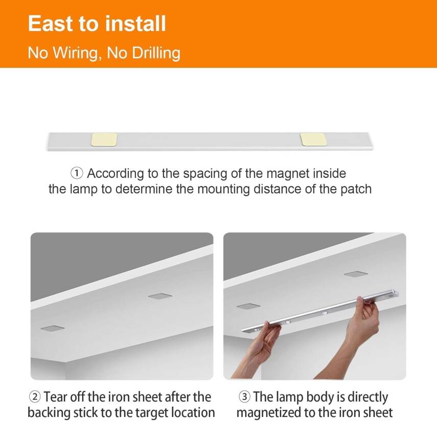 Kyrotech 3 Led'li Şarjlı Dolap Altı Aydınlatma, Hareket Sensörlü, 3 Modlu, Yapışkanlı, Delme Gerektirmez, Slim Beyaz Kasa, Dekoratif, Kısılabilir Gece Lambası, Gardırop, Dolap, Merdiven Lambası 40 CM - 8