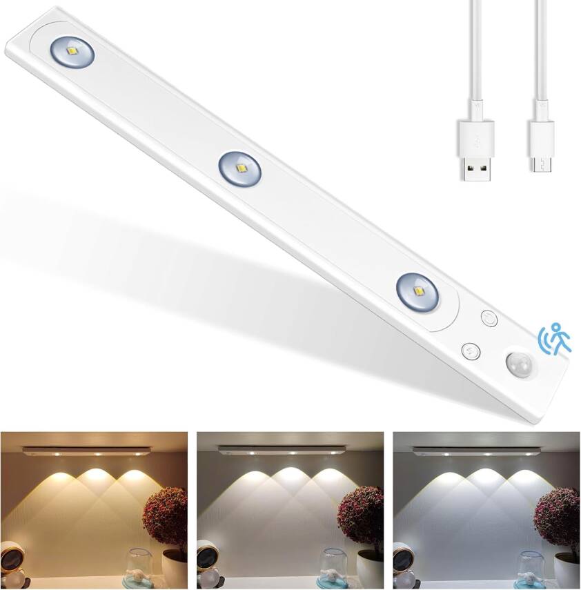 Kyrotech 3 Led'li Şarjlı Dolap Altı Aydınlatma, Hareket Sensörlü, 3 Modlu, Yapışkanlı, Delme Gerektirmez, Slim Beyaz Kasa, Dekoratif, Kısılabilir Gece Lambası, Gardırop, Dolap, Merdiven Lambası 40 CM - 1