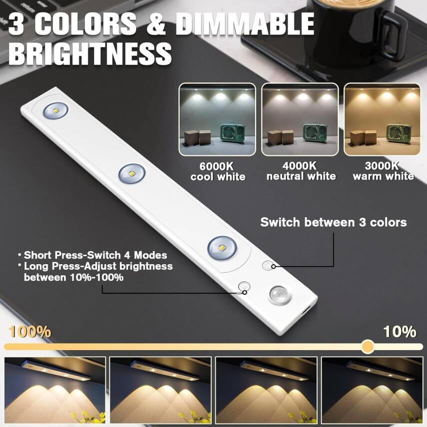 Kyrotech 3 Led'li Şarjlı Dolap Altı Aydınlatma, Hareket Sensörlü, 3 Modlu, Yapışkanlı, Delme Gerektirmez, Slim Beyaz Kasa, Dekoratif, Kısılabilir Gece Lambası, Gardırop, Dolap, Merdiven Lambası 40 CM - 7