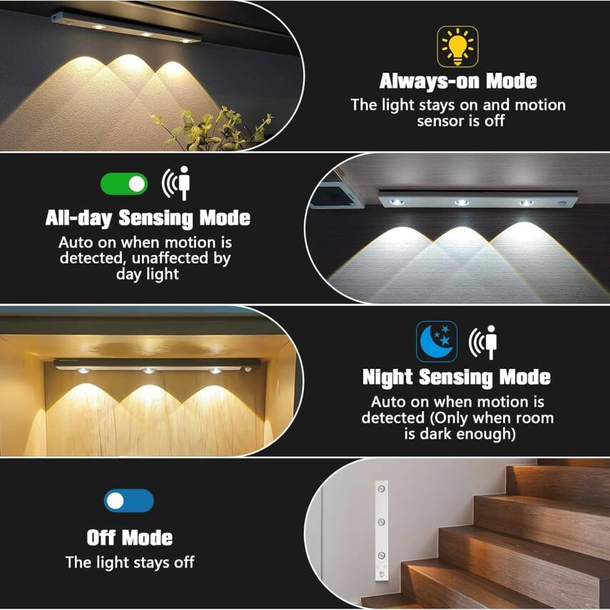 Kyrotech 3 Led'li Şarjlı Dolap Altı Aydınlatma, Hareket Sensörlü, 3 Modlu, Yapışkanlı, Delme Gerektirmez, Slim Beyaz Kasa, Dekoratif, Kısılabilir Gece Lambası, Gardırop, Dolap, Merdiven Lambası 40 CM - 5