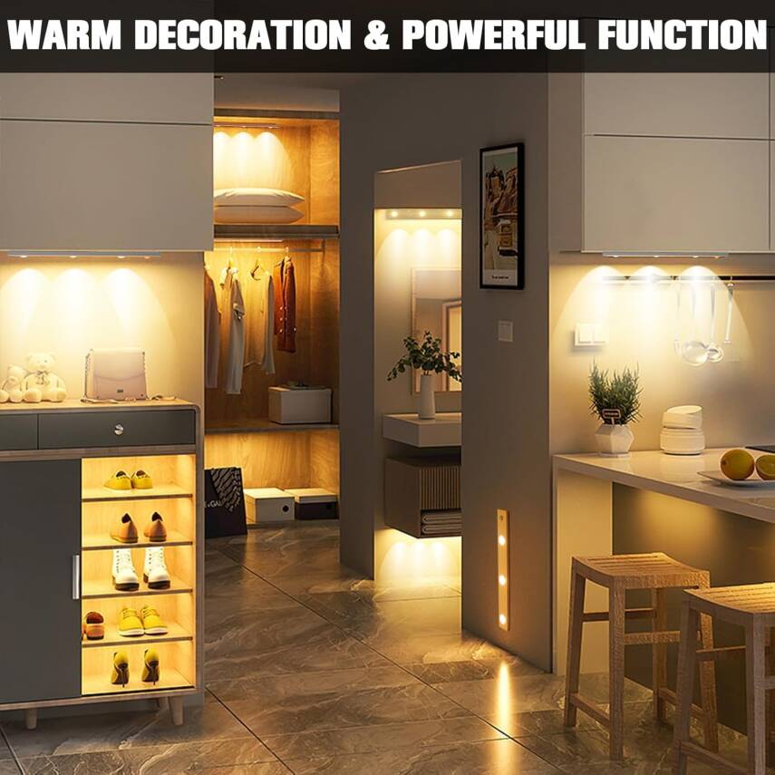 Kyrotech 3 Led'li Şarjlı Dolap Altı Aydınlatma, Hareket Sensörlü, 3 Modlu, Yapışkanlı, Delme Gerektirmez, Slim Beyaz Kasa, Dekoratif, Kısılabilir Gece Lambası, Gardırop, Dolap, Merdiven Lambası 40 CM - 3