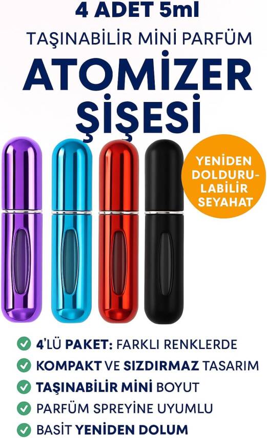 Kyrotech 4 Adet Taşınabilir Mini Parfüm Atomizer Şişesi – 5 ML Yeniden Doldurulabilir Seyahat Parfüm Spreyi, Kompakt ve Sızdırmaz Tasarım - 4