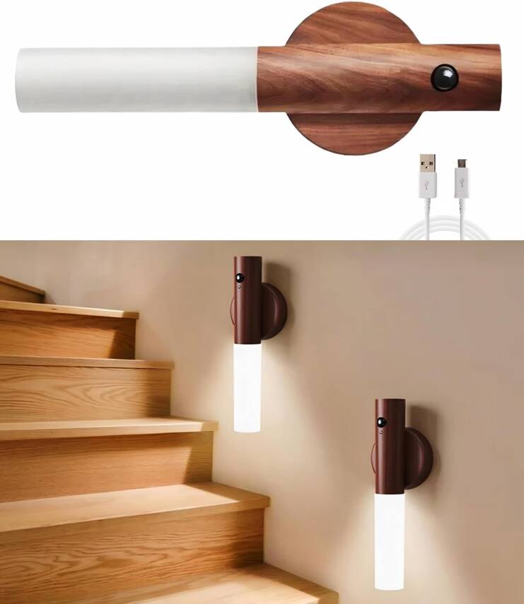 Kyrotech Duvar Aplik Hareket Sensörlü Gece Işıkları İç Mekan Mıknatıslı Taşınabilir Led Şarj Edilebilir Ahşap Tasarımlı Dolap Işıkları Merdiven El Tipi Duvar Yatak Odası Koridor Mutfak - 1