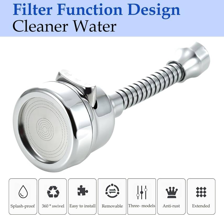 Kyrotech Hortumlu 360° Dönebilen 3 Kademeli Tasarruflu Musluk Başlığı – Mutfak, Banyo ve Lavabo için Su Tasarrufu Sağlayan Krom Kaplama Başlık, ABS Malzeme, Ofis ve Ev Uyumu, Kolay Montajlı - 6