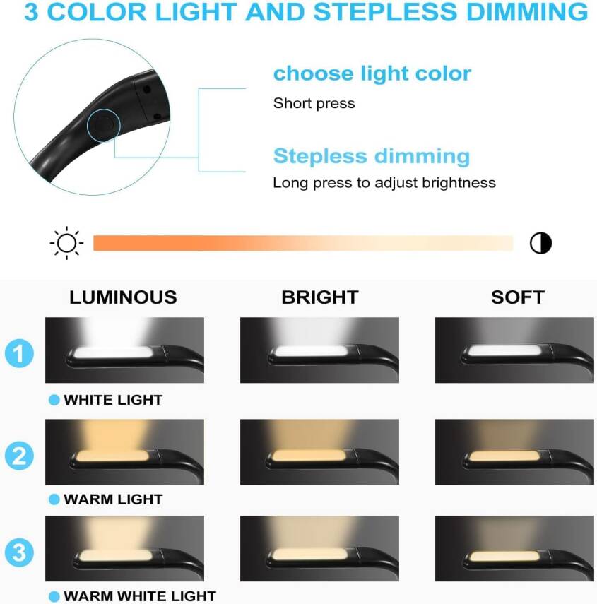 Kyrotech LED Boyun Okuma Lambası, Yatak Kitap Işığı, Şarjlı, Ayarlanabilir Parlaklık Masa Lambası, Bükülebilir Kollara, 3 farklı Renk Modu, Bakım, Onarım, Gece Koşusu, Yürüyüş, Örgü, Kamp, Makyaj için Uygundur - 8