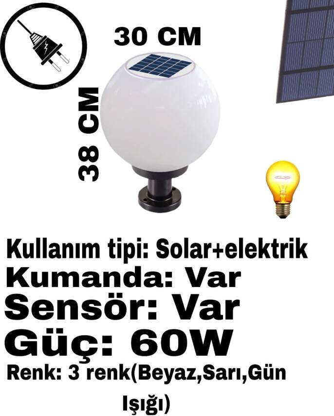 Kyrotech Set Üstü KÜRE Solar LED, Bahçe Lambası 60W, Güneş Enerjili+220V Elektrikli Hibrit, E27 Duy, Fotoselli, Uzaktan Kumandalı, 3 Modlu Işık, IP65 Su Geçirmez | Uzun Ömürlü Bahçe Aydınlatma Armatürü - 2
