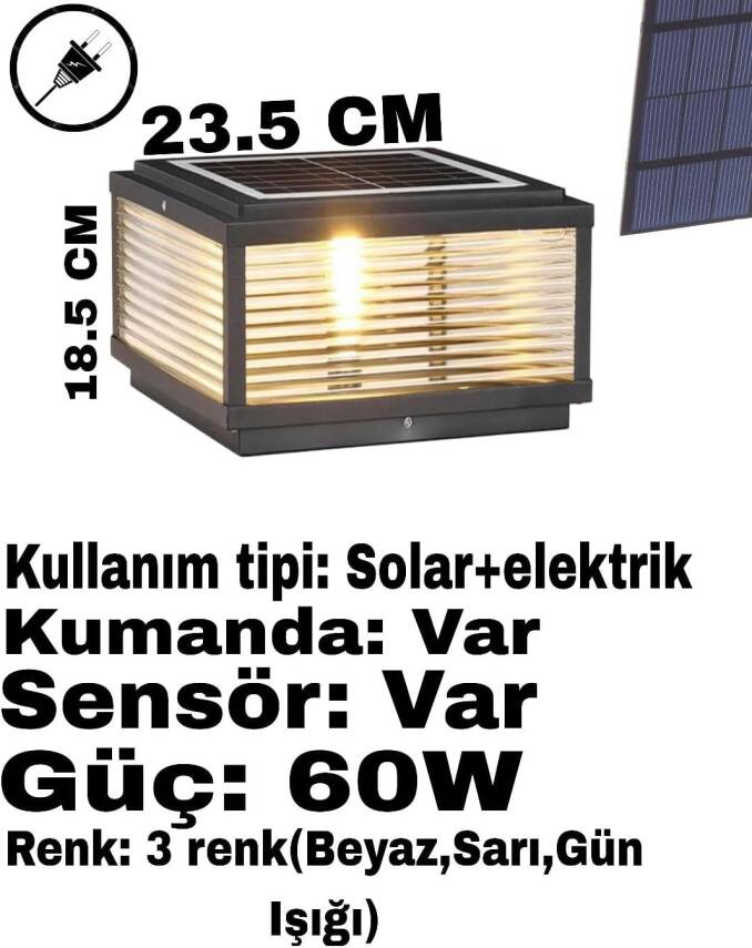 Kyrotech Set Üstü Solar LED Bahçe Lambası 60W, Güneş Enerjili+220V Elektrikli Hibrit | E27 Duy | Fotoselli | Uzaktan Kumandalı | 3 Modlu Işık | IP65 Su Geçirmez | Uzun Ömürlü Bahçe Aydınlatma Armatürü - 3