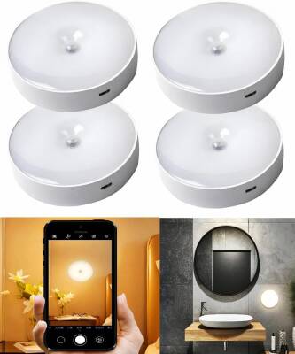 Kyrotech Usb Şarjlı Hareket Sensörlü Otomatik 8 Led Aydınlatma Işık Mıknatıslı Koridor, Banyo, Dolap, Merdiven, Gece Lambası, Mutfak, Balkon Dekorasyonu, Amber Renk 4000K Günışığı Delme Gerektirmez 4 Adet